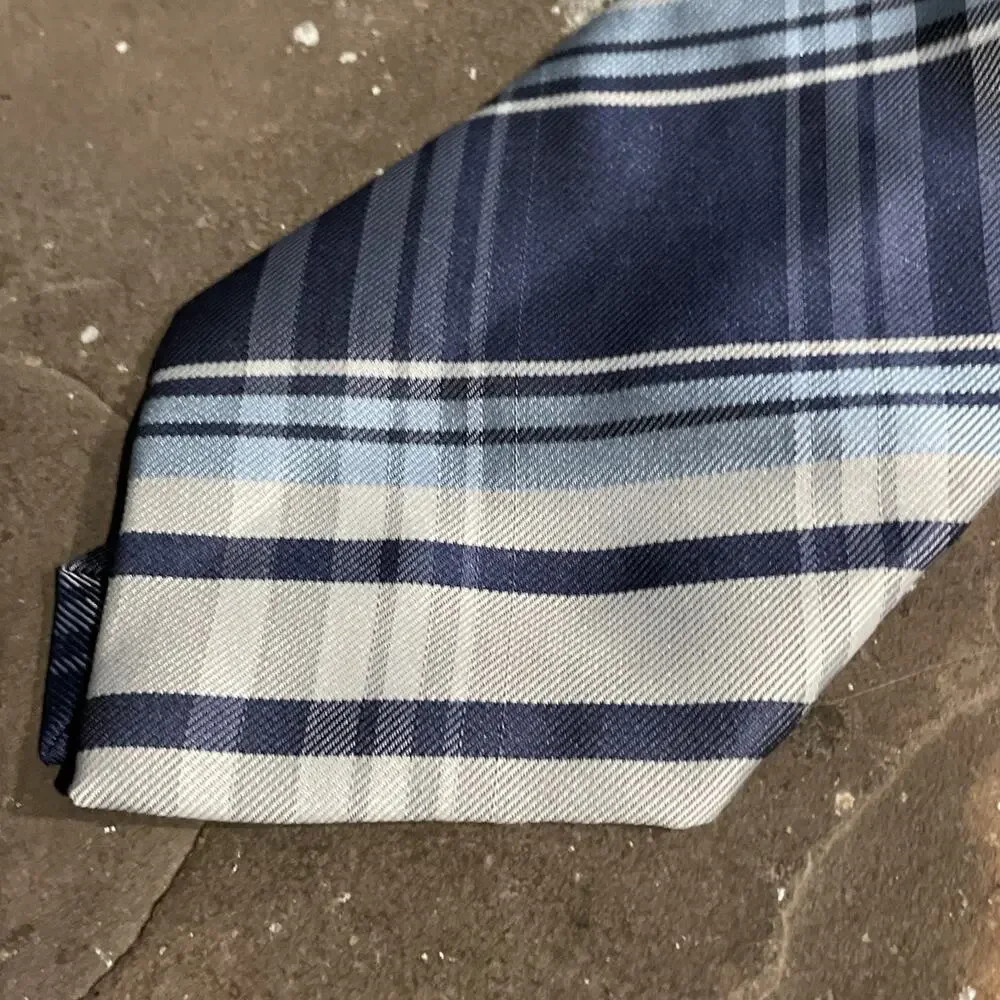 Kai Long Tie 100% Silk Blue Plaid Diagonal Pattern Handmade